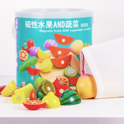 China Environmental Material Barreled Magnetic Wooden Vegetables and Fruits Cut Toys Simulation Kitchen Play House Toys for sale