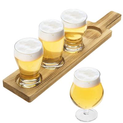 China Pine Wood Beer Tasting Flight Set with 4 Light Brown Wood Pallet Serving Glasses and Tray for sale