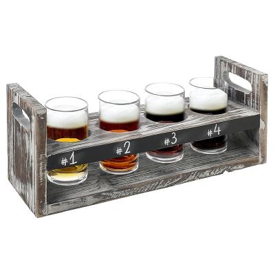 China Rustic Burnt Pine Wood 5 PC Craft Beer Flight Sample Serving Set With 4 Glasses And Chalkboard Panels for sale