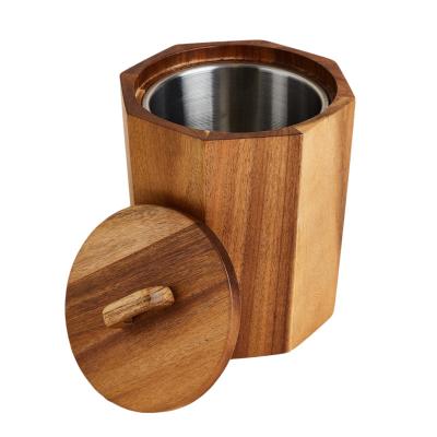 China Retro Acacia Wooden Barrel Premium Sustainable Ice Cooler Bucket Round Shape Wooden Ice Bucket for sale