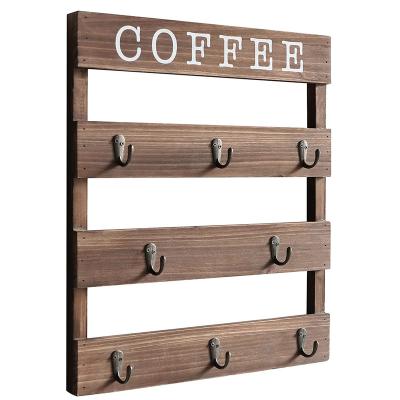 China Real Rustic Wall Mounted Pine Wood Coffee Cup Holder Stand Hanging Rack Organizer for Home Kitchen Cafe for sale