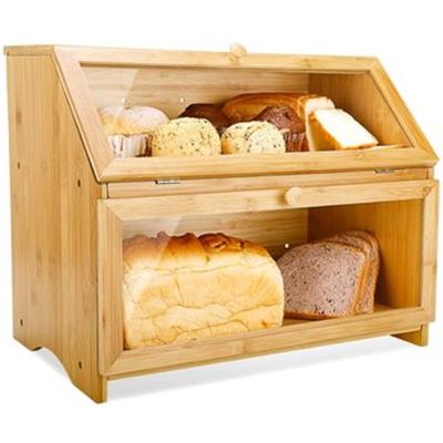 China Large Capacity Double Layer Sustainable Bread Box Wooden Bread Storage Bin (Natural Bamboo) For Kitchen Countertop for sale