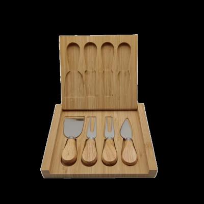 China Hot Selling Sustainable Bamboo Square Cheese Board With 4 Stainless Steel Butter Knife Cheese Cutting Boards Knife Set For Kitchen for sale