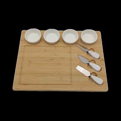 China New Design Sustainable Extra Large Bamboo Cheese Board With 3 Stainless Steel Knife 4 Bowls Ceramic Bamboo Cutting Board Ceramic Bowl Sets for sale