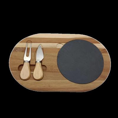 China Sustainable Hot Selling Luxury 2 Piece Acacia Wood Cheese Board Set With Slate Steak Serving Board Cutting Plates for sale