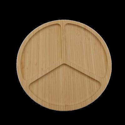 China Factory Wholesale Price Viable 10 Inch Round Bamboo Wooden 3 Compartment Divided Serving Tray Fruit Nuts Snack Serving Food Plate for sale