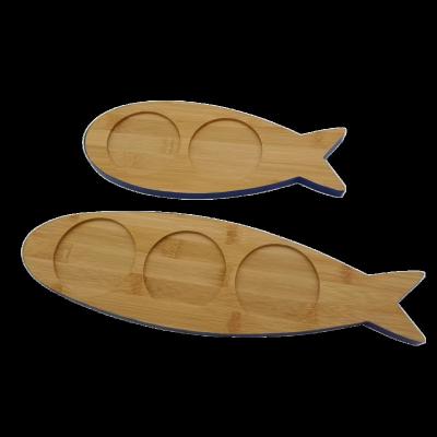 China Sustainable New Design 2 Piece Set Fish Shaped Bamboo Wooden Snack Serving Tray UV Printing Food Serving Plates Bamboo Trays for sale