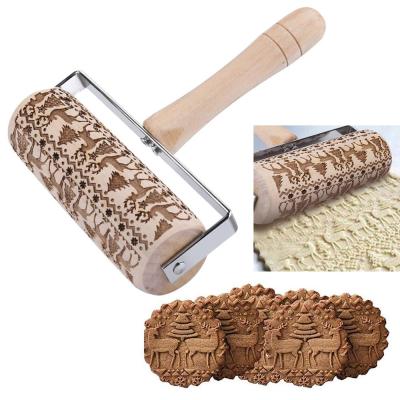 China 2021 Sustainable Pin Christmas Wooden Rolling Pins Embossed Rolling Pins for Baking Embossed Cookies for sale