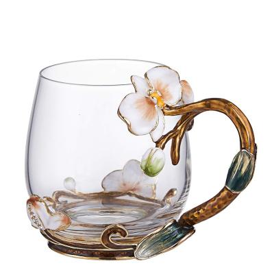 China NOSHMAN Factory Stocked Sale Stocked Metal Enamel Crystal Flower Water Tea Cup Drinking Glass Mug With Flower Design for sale