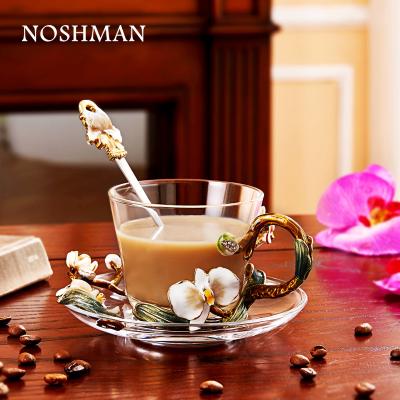 China NOSHMAN Best Selling Viable Heat Resistant Glass Coffee Mug Set Reusable Enamel Mug With Saucer Tea Cup Coffee Mug for sale