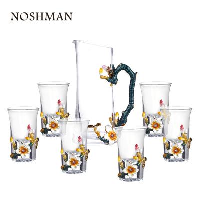 China NOSHMAN Crystal Colored Handcraft Enamel Flower Decanter Vodka Sake Shot Glass Wine Stocked Cup Set With Wine Separator Gift for sale