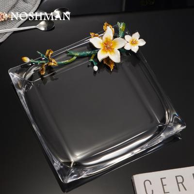 China Luxury Enamel Stocked NOSHMAN Crystal Glass Plate Tray Dry Fruit Candy Tray Square Decoration Christmas Birthday Gifts for sale