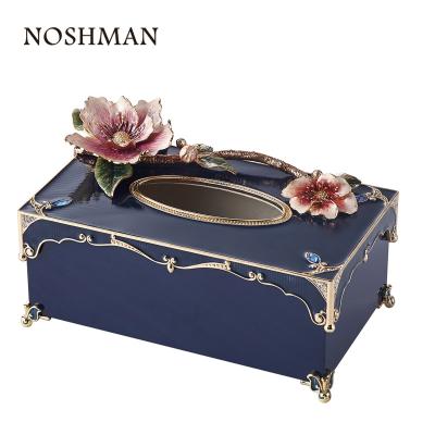 China Beautiful Appearance NOSHMAN Caja de panuelos Christmas Gift Begonia Flower Classical Luxury Enamel Metal Fabric Box Modern Rectangular Handwork for sale