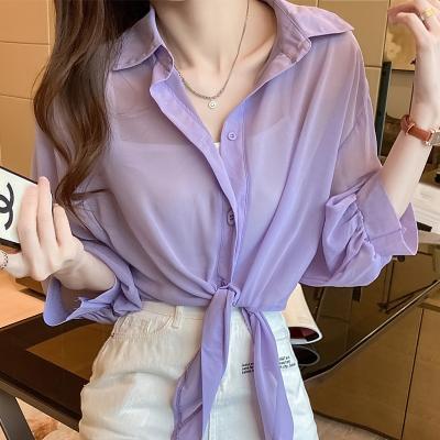 China 2022 Summer Breathable Half Sleeve Button Up Loose Casual Shirt Blouse Tied Waist Elegant Blouses For Women for sale