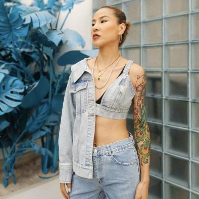 China 2022 Breathable Summer Clothing Women Wholesale High Street Women's Asymmetrical Design Crop Women's Short Denim Jacket for sale