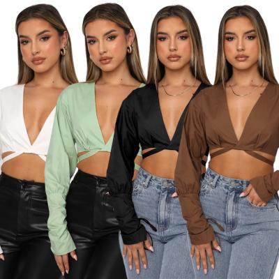 China 2022 New Summer Sun Protection Casual Breathable V-neck Sexy Cardigan QUICK DRY Shirts For Women Puff Sleeve Crop Tops For Girls Bandage for sale