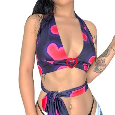 China Cute Breathable Red Heart Print Bustier Crop Tops Corset Top 2000S Women Kawaii Halter Backless Lace Up Tanks Camis for sale