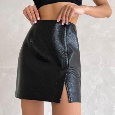 China 2022 New PU Short Skirt Women Bodycon Breathable Black Slim Leather Clothing Split High Waist Sexy Prom Party A Line Skirt for sale