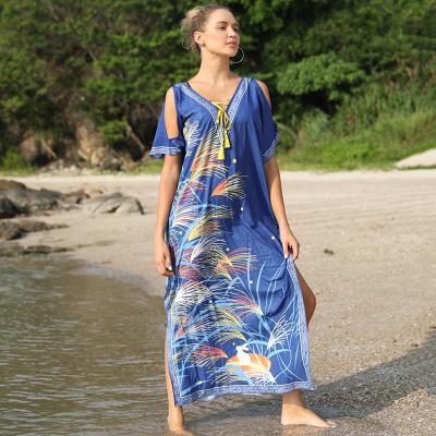 China 2022 New Summer Breathable Women Off The Shoulder Floral Print Swimsuit Slit V-Neck Beach Dress for sale