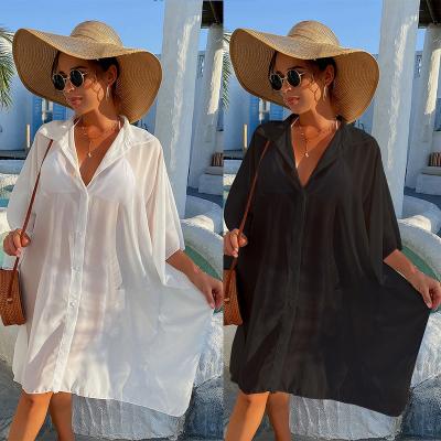 China 2022 New Breathable Sexy Shirt Dress Women See Through Beach Wear Long Cardigan Blouse Beach Bikini Cover Up for sale