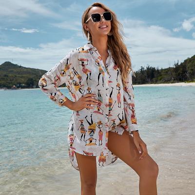 China 2022 Summer New Breathable Long Sleeve Printed Shirt Cover Up For Women Beach Sunscreen Clothing Casual Swimwear for sale