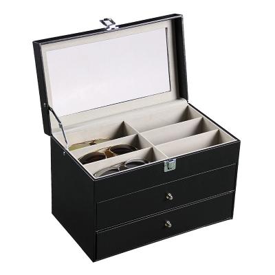 China Luxury Leather Three Layer Stained Glass Top Eco-Friendly PU Sunglasses Display Organizer Box With Drawer for sale