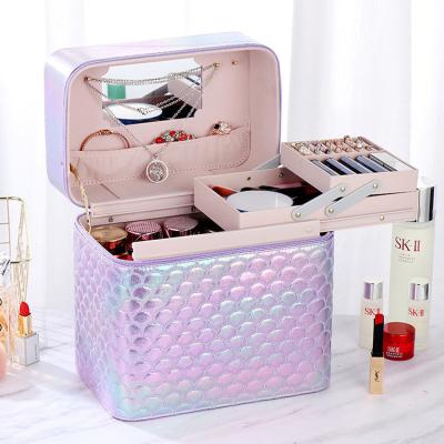 China Spacious Korean Style Cosmetic Case With Mirror Ladies Cosmetics Storage Box Square Zipper Portable Cosmetics Bag for sale