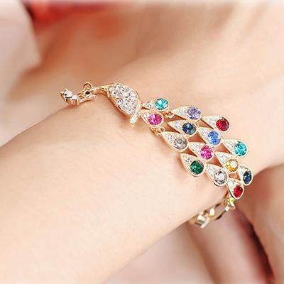 China Colorful Crystal Peacock Hand Bracelet Women Romantic Girl Fashion Rhinestone Bracelet Party Jewelry for sale