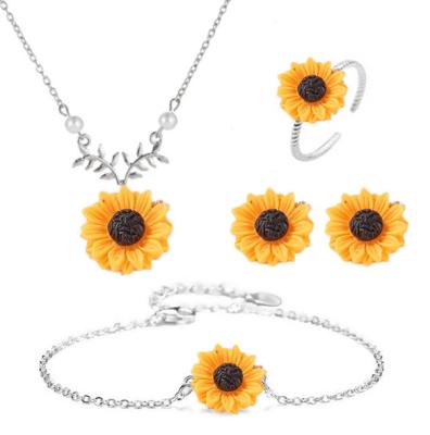 China TRENDY Summer Fashion Women Jewelry Pendant Accessories Ring Set Sunflower Jewelry Set Necklaces Earring Bracelet 5pcs/set for sale