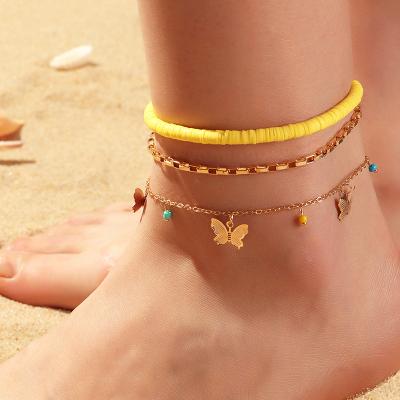 China FASHIONABLE 3 Pcs/Set Polymer Clay Anklet Women Bohemian Gold Color Chain Butterfly Pendant Anklet Femme Leg Jewelry for sale