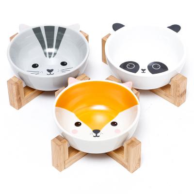 China Amazon Sustainable Hot Colorful Ceramic Pet Bowl For Dogs And Cats With Cute Bamboo Shelf Eco-Friendly Pet Bowl for sale