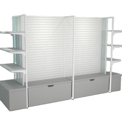 China High Quality Double Sided Fashion White Metal Duty Shelf Supermarket Gondola Display Eupo Style OEM Shop Jewelry Store Blue Steel Rack for sale