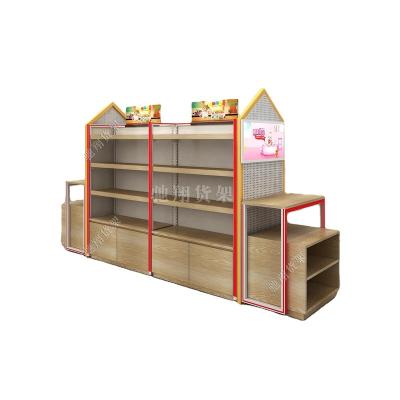 China New Single Sided Embedded Steel And Wood Combo Maternity Products Display Racks Single And Double Sided Clothing Milk Powder Shelves And for sale