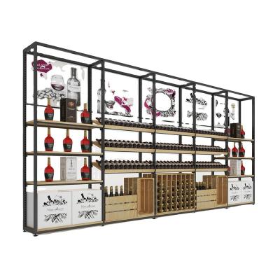 China Displaying Goods Wooden Red Wine Display Stand Wine Supplies Stores Cosmetic Shops Display Cabinet Business Metal Painting Customized Wood for sale