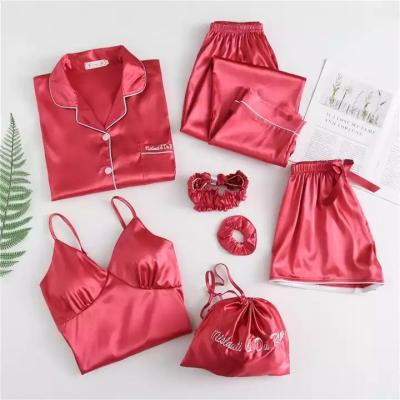 China QUICK DRY RTS China Wholesale High Quality Fat Girls Long Sleeve Satin Silk Pajamas Set 7pcs Plus Women Sleepwear Set for sale