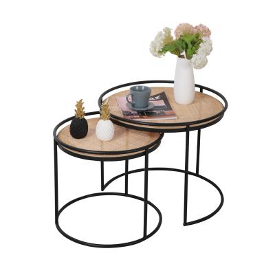 China Countryside natural modern style natural rattan knitted metal leg side table set for sale