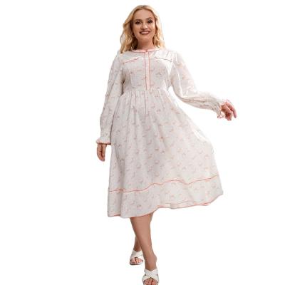 China Anti-Wrinkle Yiyuan Floral Print O Neck Midi Length Sleeve Dresses 2022 Long Plus Size Women Lady Elegant White Dress for sale