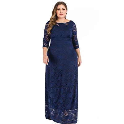 China Yiyuan Maxi Dress Big Hem Elegant Sexy Women's Plus Size Maxi Dresses 2022 Summer New Viable Dark Blue Lace Long Sleeve for sale