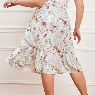 China Yiyuan Viable 2022 New Midi Length Floral Printing Ruffle Elastic Casual Summer Plus Size Women's Dress Skirts XL 2XL 3XL 4XL 5XL 6XL 7XL for sale