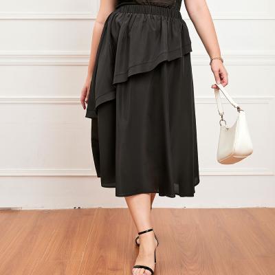 China Yiyuan 2022 New Elastic Waist Midi Length Layered Black Color Breathable Casual Plus Size Women's Dress Skirts XL 2XL 3XL 4XL 5XL 6XL 7XL for sale