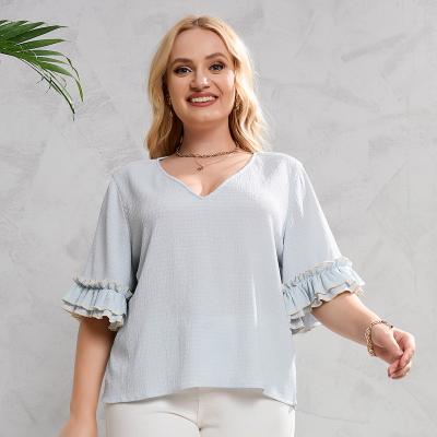 China Wholesale Yiyuan 2022 Laciness Anti-wrinkle Shorts Sheath Deep Color Women's Sky Blue V-neck Plus-size T-shirt and Blouse for sale