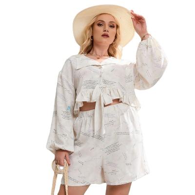 China Yiyuan Breathable 2022 Spring Sleeve Print 100%Polyester Long Shirt Shorts Pants Sleepwear Style Plus Size 2 Piece Set for sale