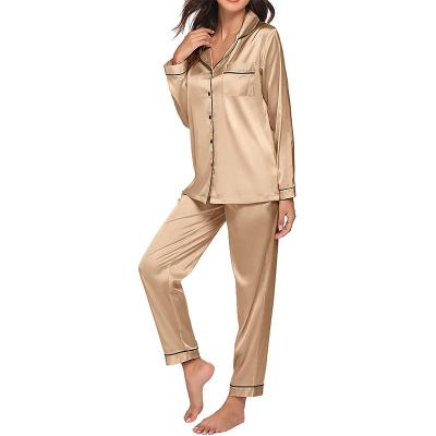 China Champagne Color Women Silk Satin Breathable Pajamas Set Button Bottom Sleepwear Loungewear M-XL for sale