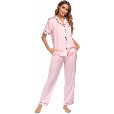 China Breathable Women Satin Silk Pajamas Button Down Lounge Sets Short Sleeve Sleepwear for sale