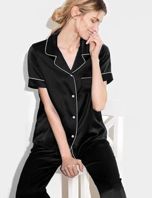 China Breathable 2 Piece Woman Satin Pajamas Set Sleepwear Loungewear Button Up PAJAMAS Shorts Tops + Sleeve Pants for sale