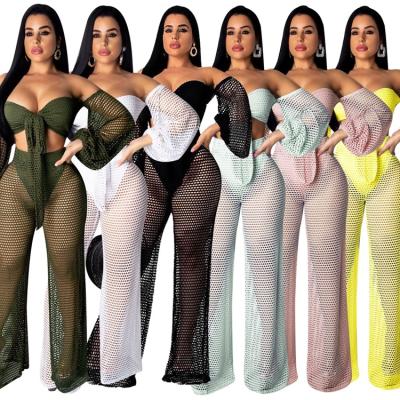 China Summer Breathable Hollow Wrapped Chest Lantern Sleeves Wide Leg Pants Two Sets Beachwear for sale