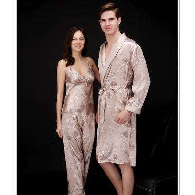 China QUICK DRY Silk Women's Summer Couples Three Piece Suit Men's Long Sleeve Long Robe Bathrobe Bathrobe Pajamas for sale