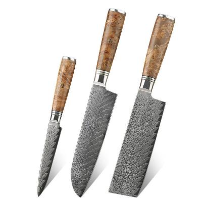 China Viable High Quality Durable Imported 67 Layers Damascus Steel Head Knife Three Piece Set With Pakka Wood Handle for sale