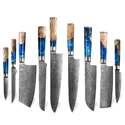 China Quality Sustainable Luxury Kitchen Knives Set Damascus Steel Chef Knife Set 67 Layers With Blue Resin Handle for sale