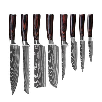 China Sustainable 11pcs Kitchen Knife Set in Blade Protector Damascus Design with Pakka Wood Handle Forged for sale